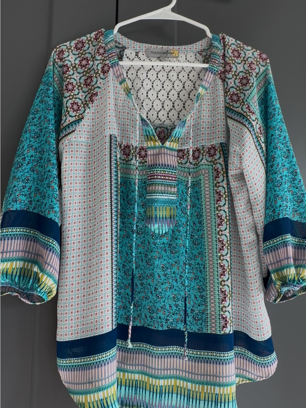 Relaxed Teal Patchwork Peasant Tunic with Lace Yoke